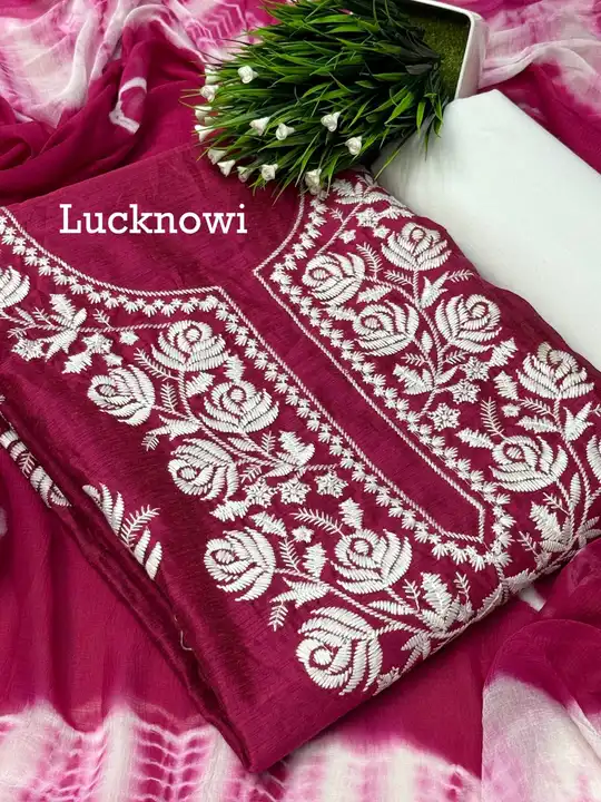 Post image Hey! Checkout my new product called
*#Lucknowi's 🎯 ❣️🫰*

*TOP* Slub Silk with neck &amp; over all Lucknowi embroidery 2:50 APROX 
*BOTTOM*.