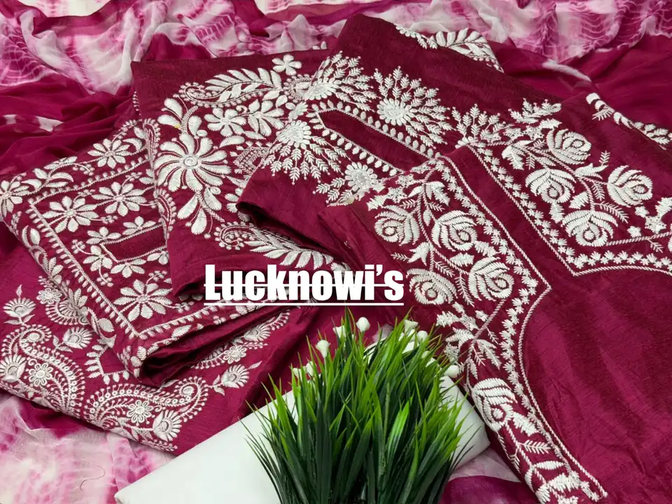 *#Lucknowi's 🎯 ❣️🫰*

*TOP* Slub Silk with neck & over all Lucknowi embroidery 2:50 APROX 
*BOTTOM* uploaded by Lk fashion on 4/7/2024