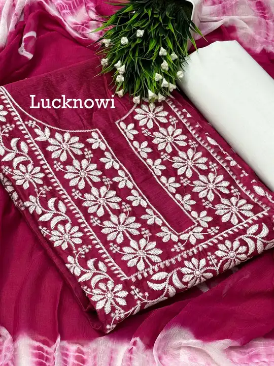 *#Lucknowi's 🎯 ❣️🫰*

*TOP* Slub Silk with neck & over all Lucknowi embroidery 2:50 APROX 
*BOTTOM* uploaded by Lk fashion on 4/7/2024