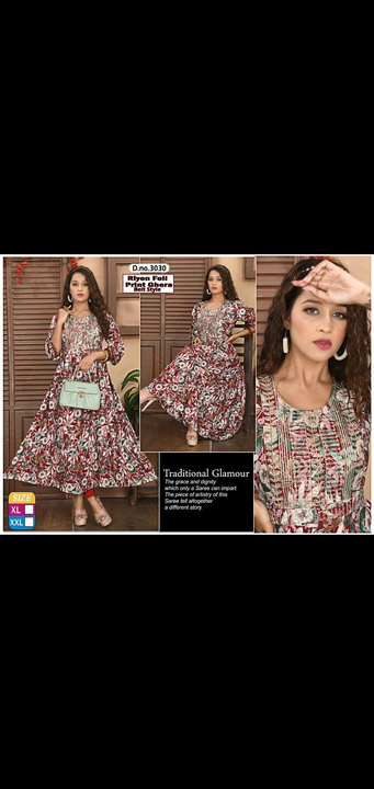 Rayon foil printed full selves kurtis xl xxl long ghera embroidery party wear girls wear uploaded by Radha Creation , Maira sales for Readymade items on 4/8/2024