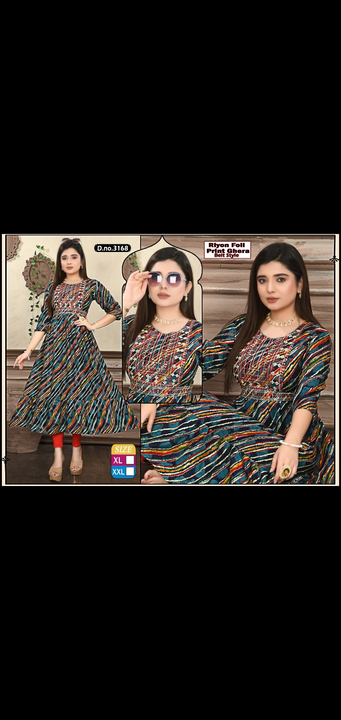 Rayon foil printed full selves kurtis xl xxl long ghera embroidery party wear girls wear uploaded by Radha Creation , Maira sales for Readymade items on 4/8/2024
