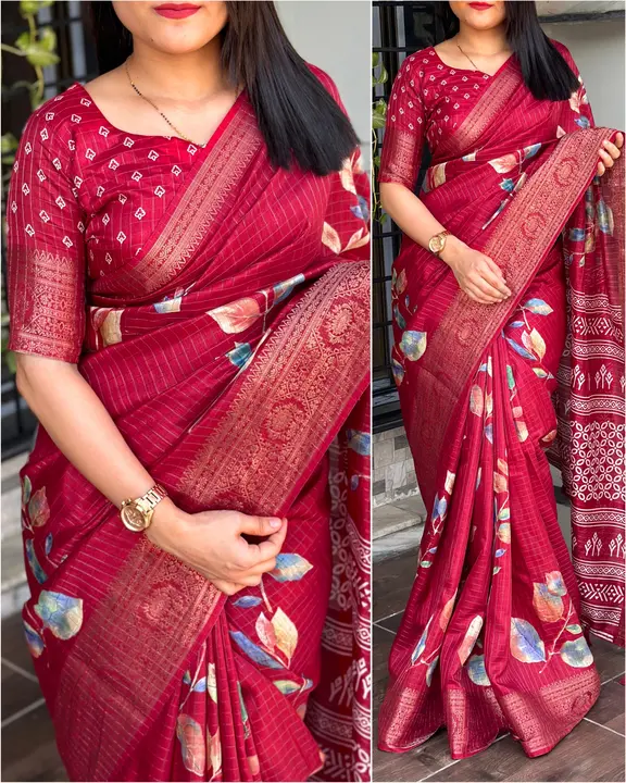 Post image 7865029688  wp me 

*Design-Nalini*🔅

*Elegance unfolds in every drape*💕 
*Let your style narrate a story of timeless charm.*

*Product details*👇🏻

*Fabric- Cotton Silk zari jacquard with running blouse*

*Size- 6.30mtr*

*Pattern-Designer hand printed saree with zari weaving checks and boder &amp; tussles in pallu*