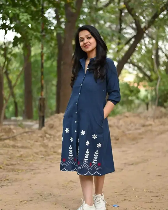 Post image *Let's be comfy with our pure  cotton 60*60 fabric*  

Summer is here 

A glimpse into the delightful denim blue hand aari embroidery work one piece A line style  midi style.
Show button style pattern 

 *One  side pocket* 

*Premium quality special for pear shape size*

Length: 41-42 Inches

*Size : 38/40/42/44/46*

*Offer Price  599 Free shipping*
*No less no discount*