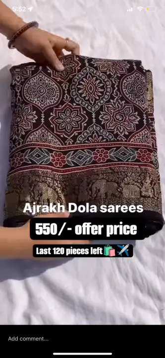 Post image I want 1-10 pieces of Ajrakh modal silk sarees at a total order value of 1000. Please send me price if you have this available.
