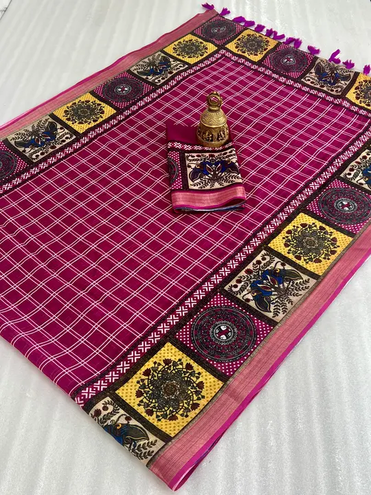 Linen with gold jari border Digital Print  uploaded by Kesari Nandan Fashion saree and dress material on 4/17/2024