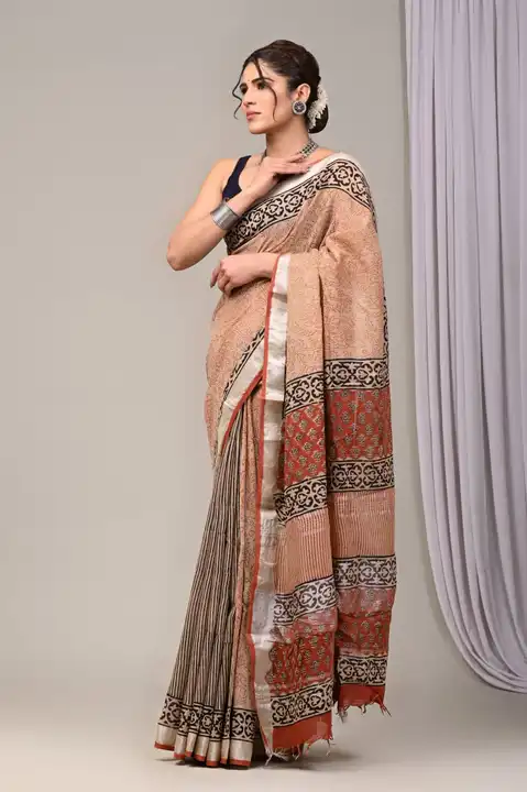 🤩🤩 ))
👌🏻Linen collection 👌🏻
.... *Hand* block printed linen saree with blouse.....
Size 6.5 wi uploaded by business on 4/23/2024