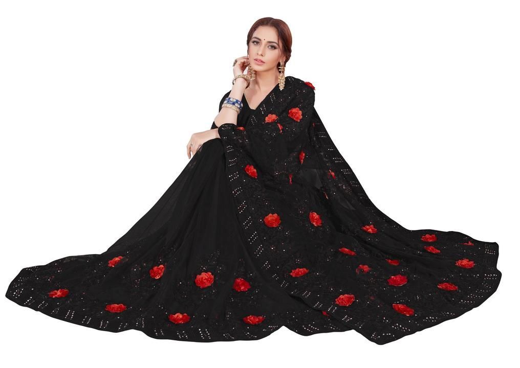 Post image Manikarnika comes with floral design in Net Fabric. Heavy embroidered work. 
Saree comes with blouse peace. 
Party wear, Wedding wear, Festival wear Product. 
4 colour variation