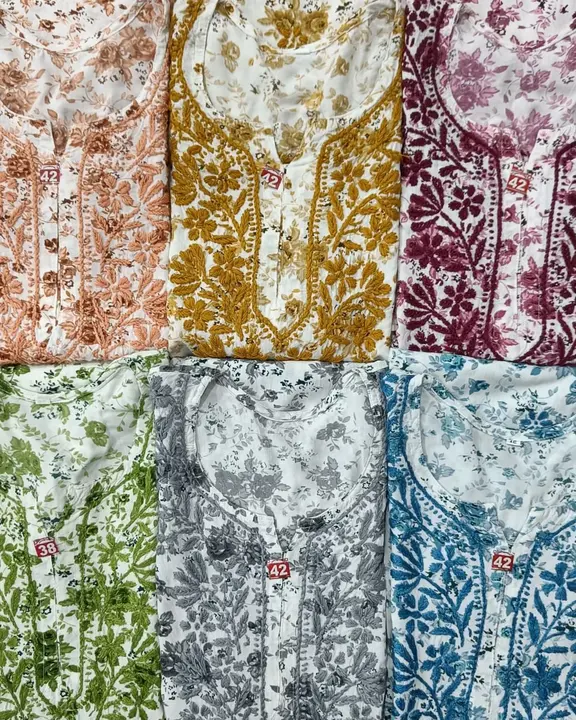 Kurti
Fabric reyon 
Length 41
Size 38 to 44 
Printed 
Ghass patti work... uploaded by Msk chikan udyog on 5/3/2024