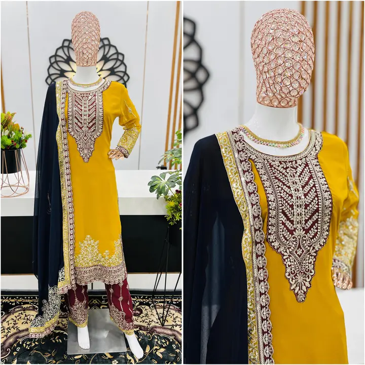 Post image 7865029688

*Presenting New Festival Collection With Faux Georgette And Heavy Embroidery Sequence Work Top-Bottom And Dupatta Set Fully Stitched Ready To Wear*

*Fabric Detail*

💃👚*Top*👚💃
*Top Fabric*     :Heavy Faux Georgette With Heavy Embroidery Sequence Work With Full Sleeve

*Top Inner* :Heavy Micro Cotton
*Top Length*    : 45-46 Inch
*Top Size*.      :
 *M(38),L(40), Xl(42), Xxl(44)*
*(FULLY STITCHED READY TO WEAR)*

💃👚 *Pent*👚💃
*Pent Fabrics* :Heavy Faux Georgette With Embroidery Sequence Work
*(Full stitched)* 
*Pent Length*:40-41 Inch
*(fully stitched)*

💃👚 *Dupatta* 👚💃
*Dupatta Fabric * :Heavy Faux Georgette With Embroidery Sequence Work And Lace Border

⚖️ *Weight* : 950gm

💕*One Level Up*💕
👌*A One Quality*👌