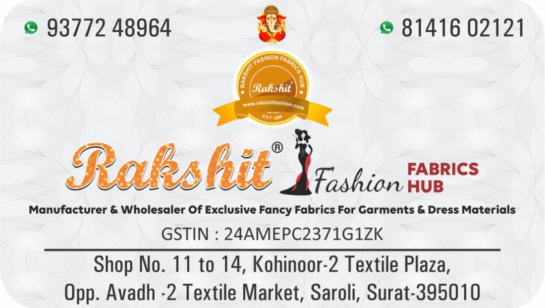 Visiting card store images of Rakshit Fashion Fabrics Hub