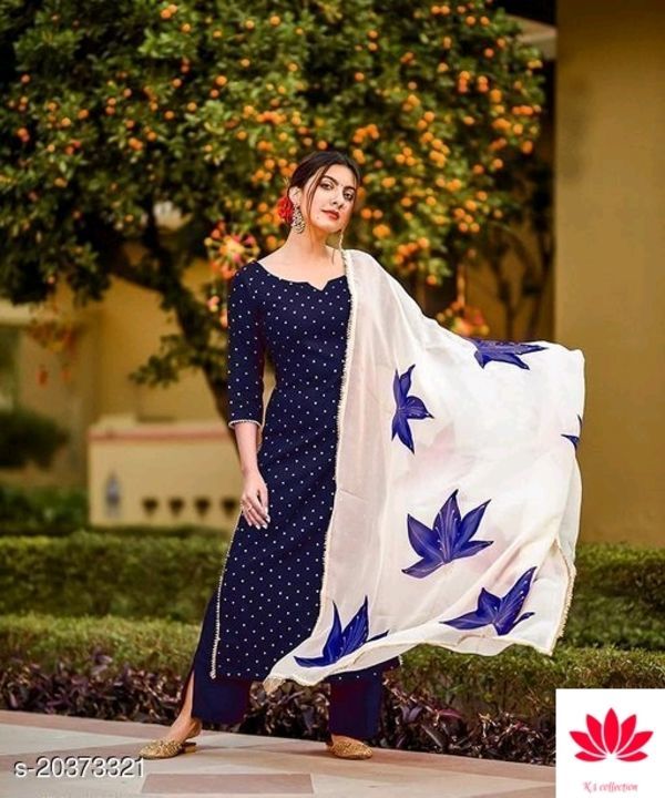 Post image Catalog Name:*Aishani Pretty Women Kurta Sets*
Kurta Fabric: Rayon
Bottomwear Fabric: Rayon
Fabric: Rayon
Sleeve Length: Three-Quarter Sleeves
Set Type: Kurta With Dupatta And Bottomwear
Bottom Type: Pants
Pattern: Embroidered
Multipack: Single
Sizes: 
XL (Bust Size: 42 in, Shoulder Size: 14.5 in, Kurta Waist Size: 40 in, Kurta Hip Size: 44 in, Kurta Length Size: 46 in, Bottom Waist Size: 33 in, Bottom Hip Size: 44 in, Bottom Length Size: 38 in, Duppatta Length Size: 2.2 m) 
L (Bust Size: 40 in, Shoulder Size: 14 in, Kurta Waist Size: 38 in, Kurta Hip Size: 42 in, Kurta Length Size: 46 in, Bottom Waist Size: 31 in, Bottom Hip Size: 42 in, Bottom Length Size: 38 in, Duppatta Length Size: 2.2 m) 
M (Bust Size: 38 in, Shoulder Size: 13.5 in, Kurta Waist Size: 36 in, Kurta Hip Size: 40 in, Kurta Length Size: 46 in, Bottom Waist Size: 29 in, Bottom Hip Size: 40 in, Bottom Length Size: 38 in, Duppatta Length Size: 2.2 m) 
XXL (Bust Size: 44 in, Shoulder Size: 15 in, Kurta Waist Size: 42 in, Kurta Hip Size: 46 in, Kurta Length Size: 46 in, Bottom Waist Size: 35 in, Bottom Hip Size: 46 in, Bottom Length Size: 38 in, Duppatta Length Size: 2.2 m) 
XXXL (Bust Size: 46 in, Shoulder Size: 15.5 in, Kurta Waist Size: 44 in, Kurta Hip Size: 48 in, Kurta Length Size: 46 in, Bottom Waist Size: 36 in, Bottom Hip Size: 48 in, Bottom Length Size: 38 in, Duppatta Length Size: 2.2 m) 
Dispatch: 2-3 Days
Easy Returns Available In Case Of Any Issue
*Proof of Safe Delivery! Click to know on Safety Standards of Delivery Partners- https://ltl.sh/y_nZrAV3
