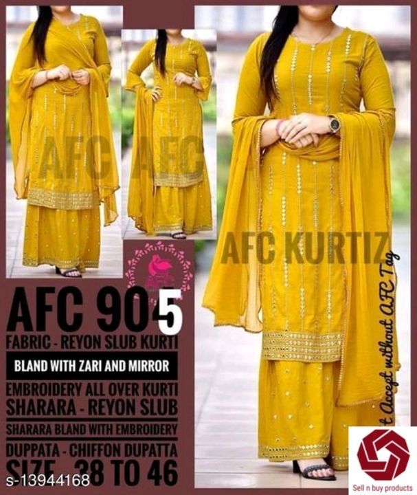 Post image Catalog Name:*Trendy Rayon Women Kurta Sets*
Kurta Fabric: Rayon
Bottomwear Fabric: Rayon
Fabric: Rayon
Sleeve Length: Three-Quarter Sleeves
Set Type: Kurta With Dupatta And Bottomwear
Bottom Type: Sharara
Pattern: Solid
Multipack: Single
Sizes: 
S,M,L,XL,XXL,XXXL,4XL

Dispatch: 2-3 Days
Easy Returns Available In Case Of Any Issue
*Proof of Safe Delivery! Click to know on Safety Standards of Delivery Partners- https://ltl.sh/y_nZrAV3