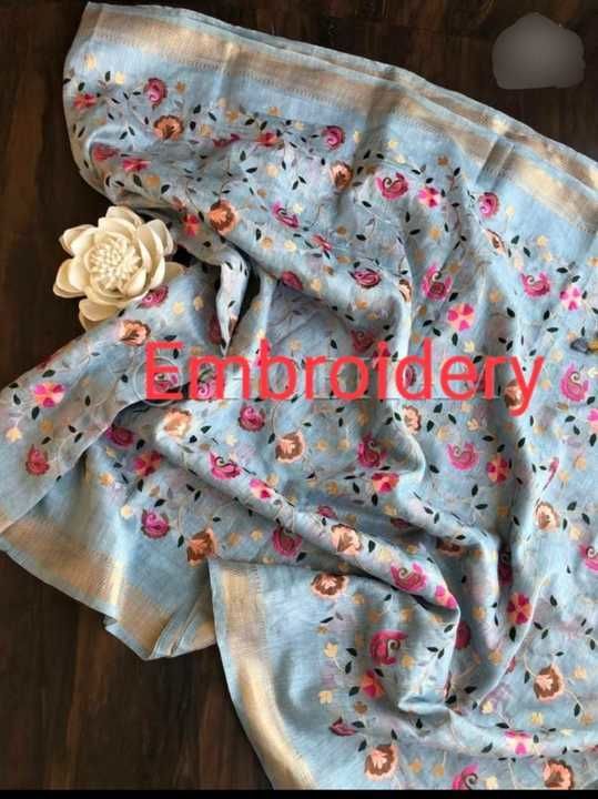 Embroidery on silk linen saree uploaded by business on 3/27/2021
