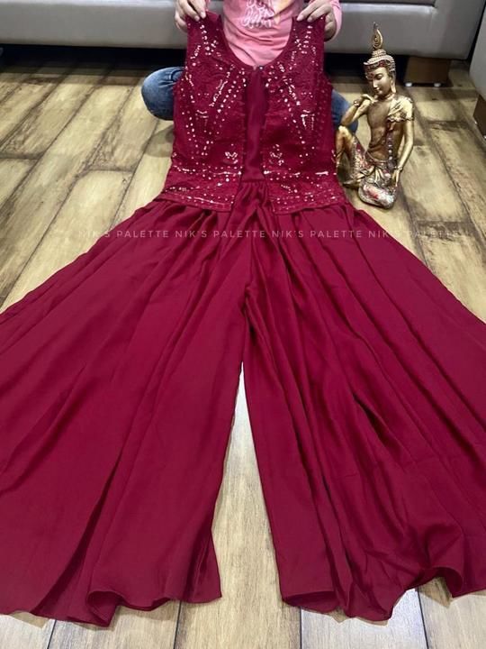 Post image *NP*

 *Summer Cool Pastels Collection* 

Premium Georgette *JUMPSUIT* with sequence &amp; embroidered attached jacket with back work.

📌 Sleeve inside attached 

Size   38  40  42  44 

MRP  2050  Freeship

*Ready to dispatch*