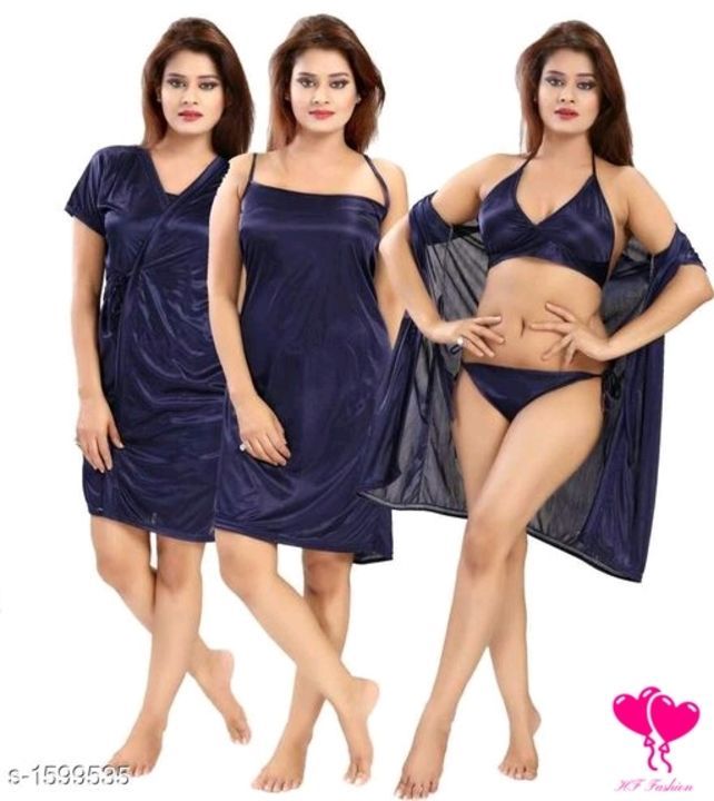 Post image Trendy Satin Night Dress Set(Pack Of 4)
Fabric: Satin

Sleeves: Bra &amp; Nighty- Sleeves Are Not Included, Robe - Sleeves Are Included

Size: Up to36 in To 42 in ( Free Size )

Length: Bra - Up To 12 in, Panty - Up To 8 in, Nighty &amp; Robe - Up To 38 in

Type: Stitched

Description: It Has 1 Piece Of Bra, 1 Piece Of Panty, 1 Piece Of Nighty &amp; 1 Piece Of Robe

Pattern: Solid