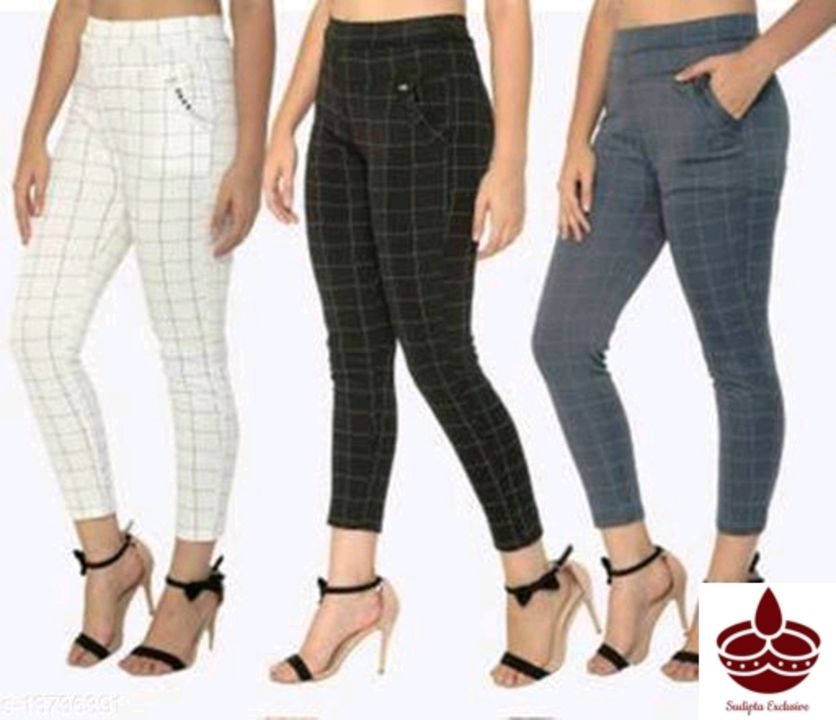 Post image **Casual Latest Women Jeggings**
Pack of 3
Fabric: Lycra
Pattern: Checked

Sizes: 
Free Size (Waist Size: 28 in, Length Size: 36 in, Hip Size: 32 in) 
28 (Waist Size: 28 in, Length Size: 36 in, Hip Size: 30 in) 
30 (Waist Size: 28 in, Length Size: 36 in, Hip Size: 32 in) 
32 (Waist Size: 28 in, Length Size: 36 in, Hip Size: 34 in) 

**Free shipping charges😍😍**

       **COD available**

For booking what's app me 7890237595