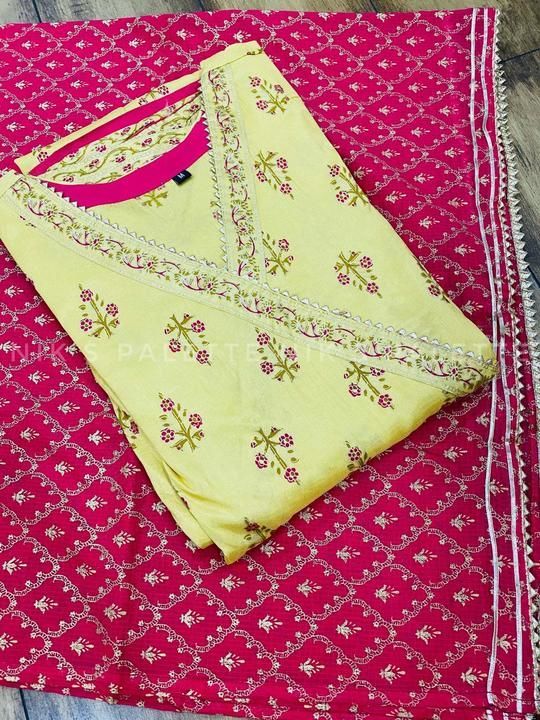 Post image *NP*
*Summer collection *

Premium silk Anarkali gown block print with gotta detailing on yoke With cotton liquid gold foil dupatta 

Length 54

Size  42 44 

 *MRP   1750 Freeship* 

Ready dispatch