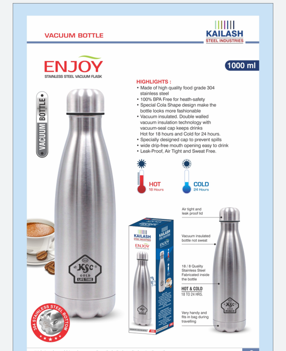 1000ml Enjoy hot cold thermosteel bottle  uploaded by Kailash steel industries on 4/2/2021
