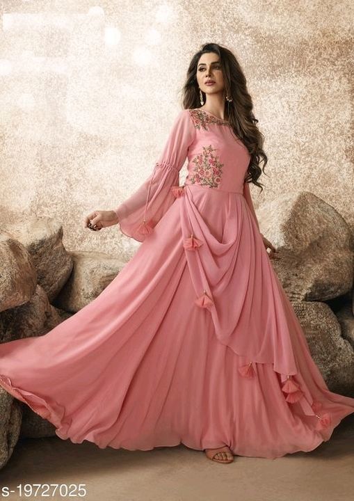 Post image Catalog Name:*Trendy Glamorous Women Gowns*
Fabric: Georgette
Sleeve Length: Variable (Product Dependent)
Pattern: Self-Design
Multipack: 1
Sizes:
M (Bust Size: 40 in, Length Size: 56 in, Waist Size: 36 in, Hip Size: 44 in) 
L (Bust Size: 42 in, Length Size: 56 in, Waist Size: 38 in, Hip Size: 46 in) 
XL (Bust Size: 44 in, Length Size: 56 in, Waist Size: 40 in, Hip Size: 48 in) 
XXL (Bust Size: 46 in, Length Size: 56 in, Waist Size: 42 in, Hip Size: 50 in) 

Dispatch: 2-3 Days
Easy Returns Available In Case Of Any Issue
*Proof of Safe Delivery! Click to know on Safety Standards of Delivery Partners- https://ltl.sh/y_nZrAV3