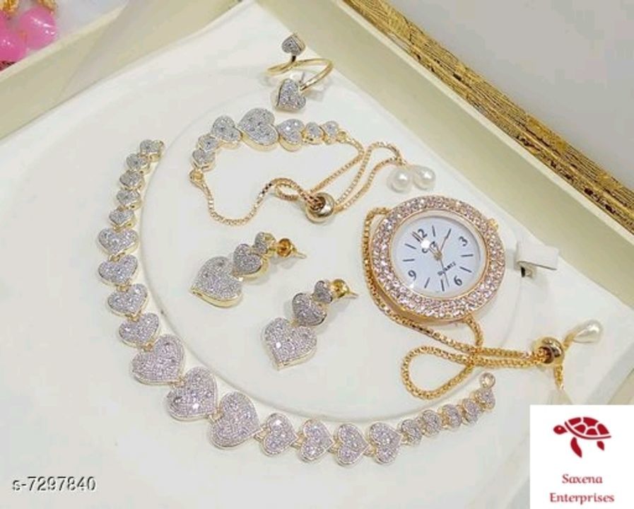 Post image _Don't miss out on these Attractive Women's Jewellery Set. Shine brighter than others._
 
 Twinkling Attractive Women's Jewellery Set 
 
 Material: Alloy
 
 Size:Free Size 
 
 Description: It Has 1 Pair Of Earring, 1 Piece OfBracelet, 1 Piece Of Pend With Chain, 1 Piece Of Ethnic Watch &amp; 1 Piece OfRing 
 
 Work: Stone Work
 
 
 Designs: 10
 
 
Dispatch: 2 3  Day
Easy Returns Available in Case Of Any Issue

For order msg me &amp; comments