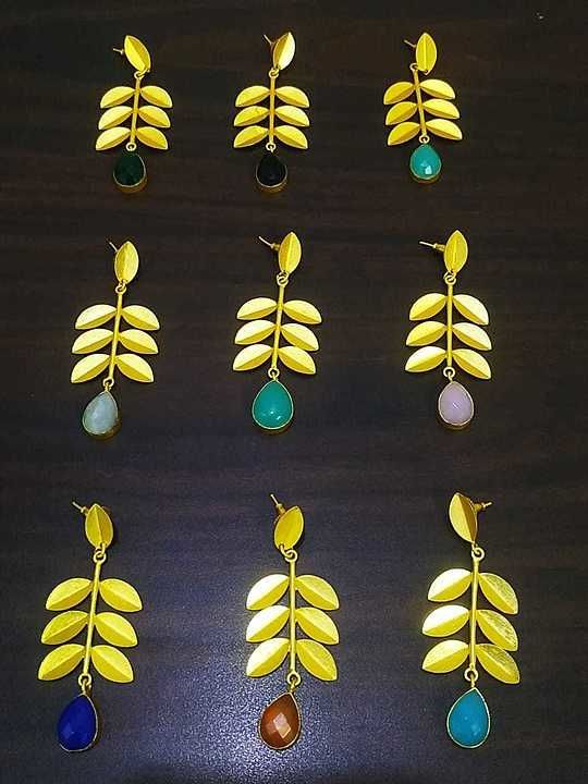 Matt golden jaipuri leaf stone hanging earrings uploaded by business on 5/18/2020