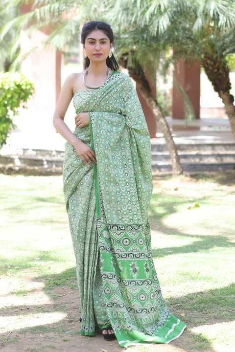 

New modal silk sarees Ajrakh print
Birla modal  cotton mix cloth with bp
 uploaded by Hand block print suit and sarees on 4/3/2021