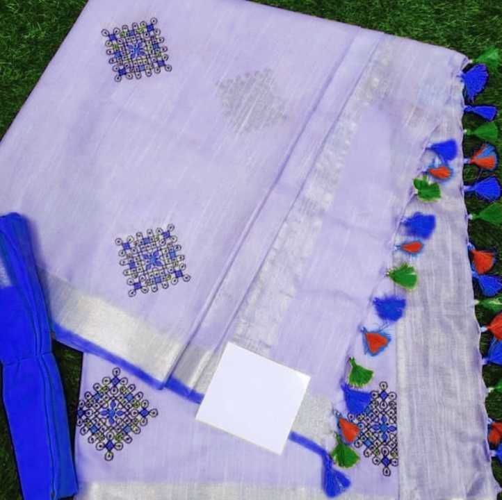 Post image All new design saree. 
Best quality. 
Fabric linen 100 count 
With contrast blouse
With cumputer wark embroidery
Price. 1350.only
All India shipping free