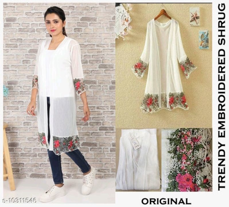 Post image Comfy Sensational Women Capes, Shrugs &amp; Ponchos
Fabric: Net
Sleeve Length: Three-Quarter Sleeves
Fit/ Shape: Shrug
Pattern: Embroidered
Multipack: 1
Sizes:
XL (Bust Size: 40 in Length Size: 40 in) 
L (Bust Size: 38 in Length Size: 40 in) 
XXL (Bust Size: 42 in Length Size: 40 in) 
Price - 460 shiping free
Country of Origin: India