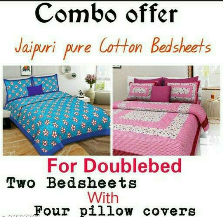 Post image Classic Stylish Bedsheets

Fabric: Cotton
No. Of Pillow Covers: 4
Thread Count: 180
Multipack: Pack Of 2
Sizes: 
Queen (Length Size: 92 in, Width Size: 82 in, Pillow Length Size: 26 in, Pillow Width Size: 16 in) 
Dispatch: 2-3 Days 
Return facilities available
No shipping charges
Cod available
Price-675/