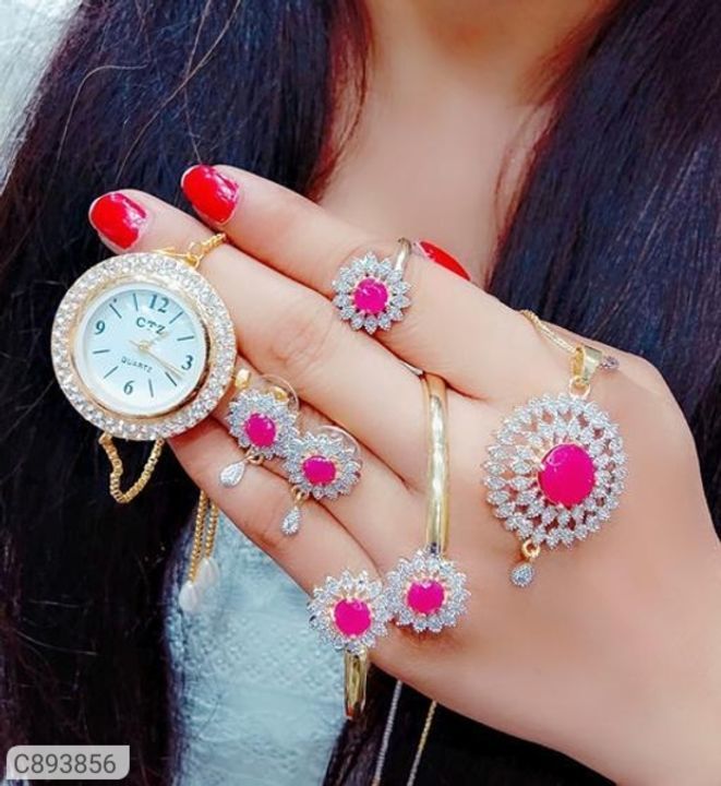 Post image 470/-
Cash on delivery available
Free shipping
*Product Name:* Youthful American Diamond Jewellery Set

*Details:*
Description: It has 1 Piece of Pendant With 1 Chain, 1 Pair of Earring, 1 Bracelet, 1 Finger Ring, 1 Bracelet Watch
Material: Alloy
Size: Adjustable
Chain Size: 18"
Watch Type: Analog
Watch Dial Size (in MM): 22
Work: American Diamond

💥 *FREE Shipping* 
💥 *FREE COD* 
💥 *FREE Return &amp; 100% Refund* 
🚚 *Delivery*: Within 7 days