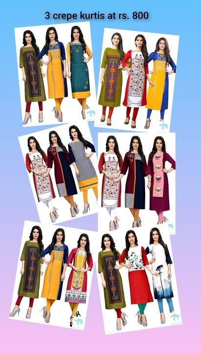 Post image Superior Kurtis
Fabric: Crepe
Sleeve Length: Three-Quarter Sleeves
Pattern: Printed
Combo of: Combo of 3
Sizes:
S (Bust Size: 36 in, Size Length: 45 in) 
XL (Bust Size: 42 in, Size Length: 45 in) 
4XL (Bust Size: 48 in, Size Length: 45 in) 
L (Bust Size: 40 in, Size Length: 45 in) 
M (Bust Size: 38 in, Size Length: 45 in) 
XXL (Bust Size: 44 in, Size Length: 45 in) 
XXXL (Bust Size: 46 in, Size Length: 45 in)