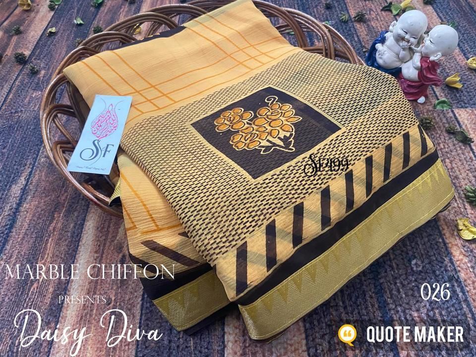 Post image 🦋🦋*Launching - Marble Chiffon Zari *🦋🦋

🤩Very new !! Smoothy !! Softy!! Trendy Marble Chiffon with elegant Zari border !! 🤩

🥰Excellent Color selection !! With tremendous design !! Only on SF 😘

*SF499 - Marble Chiffon Zari **presents** Daisy Diva *🦚

Saree length - 6.30mtr 
Blouse - running blouse 

*Exciting Price - 580+$ *

Ready stock !!! 

Grab it soon !!