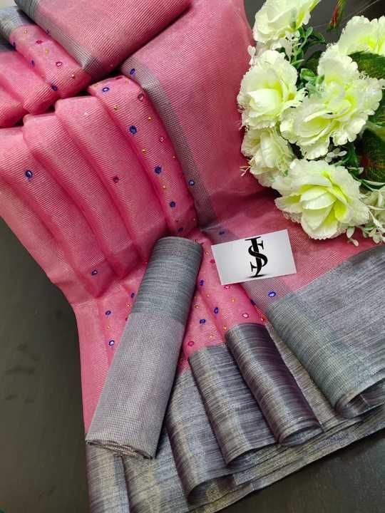 Post image Tissue silk saree
With contrast grey tissue border 
Foil mirror work over saree
Contrast blouse

@rs 750+$ each