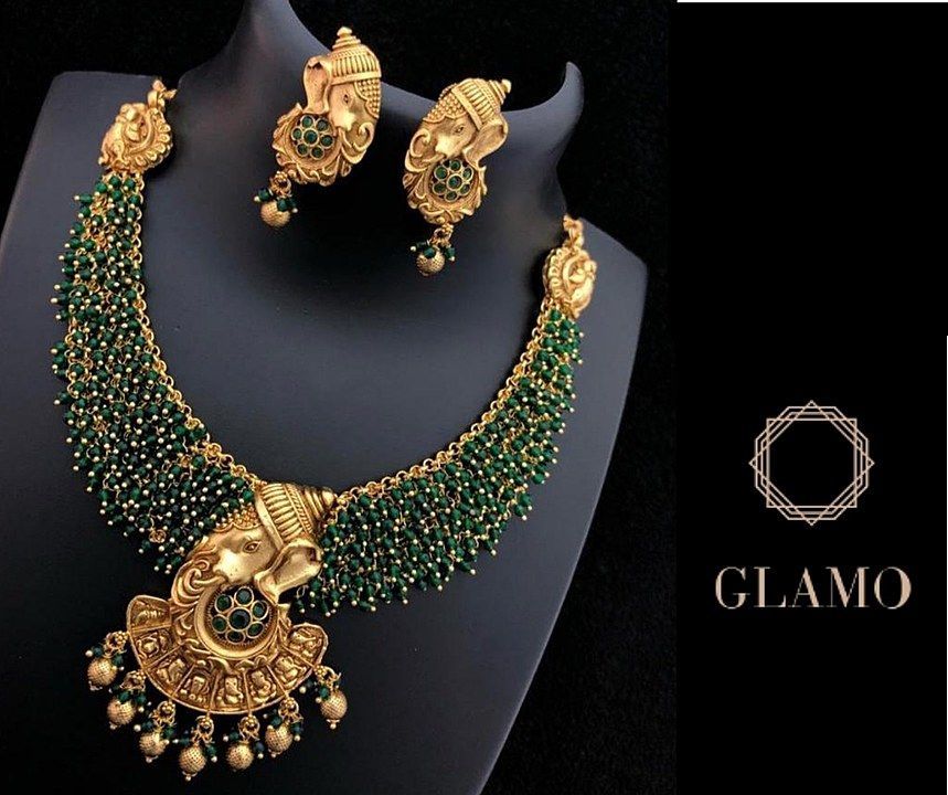 Ganpati Necklace matt gold plated with hydro green beads uploaded by Glamo on 7/24/2020