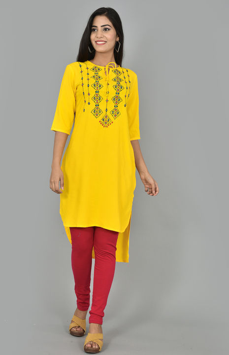 Get yourself dressed in this striking bright yellow rayon kurti with beautiful embroidery pattern in uploaded by business on 4/10/2021