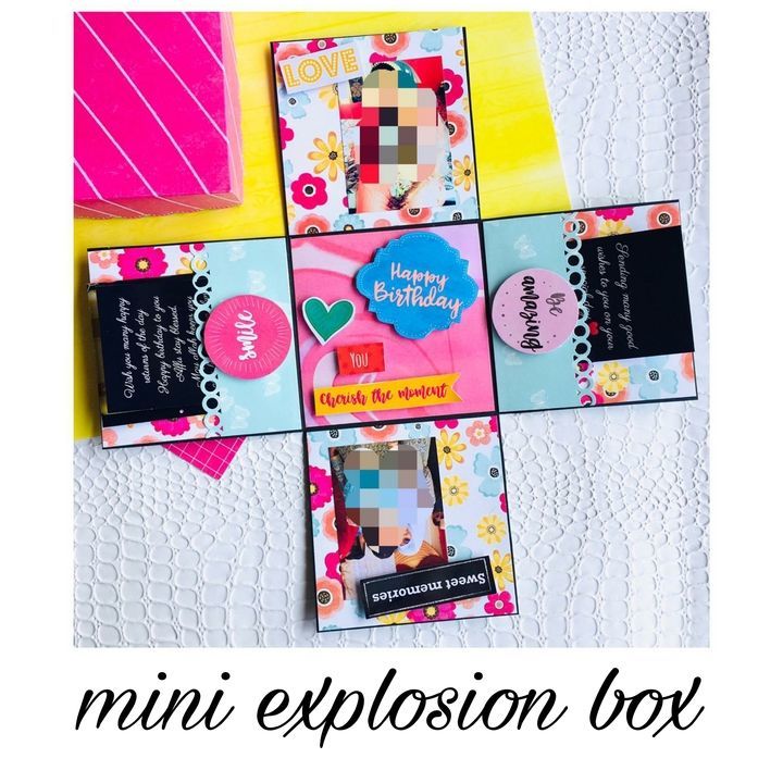 Post image *Mini Explosion Box*
Includes 4 pics &amp; 2 messages.
Can be customized in any theme.

Price - Rs.400/- plus shipping

Whatsapp us on 7417755871 for order.