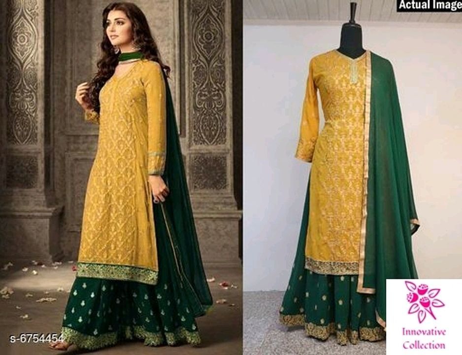 Rate : 1350/- COD

*TOP*: Faux Georgette + Embroidery (2.5 Mtr)

*INNER*: Santoon + Solid  ( 1.8  Mt uploaded by business on 7/24/2020