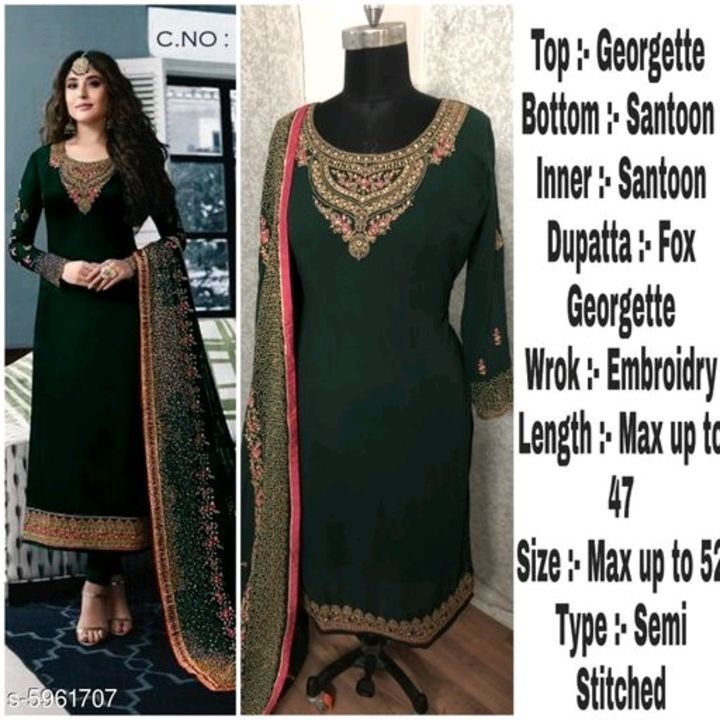 Post image Catalog Name:*Banita Sensational Semi-Stitched Suits*
Top Fabric: Georgette
Lining Fabric: Shantoon
Bottom Fabric: Shantoon
Dupatta Fabric: Georgette
Pattern: Embroidered
Multipack: Single
Sizes: 
Semi Stitched,Un Stitched(Top Bust Size: Up To 52 in, Top Length Size: 47 in, Bottom Length Size: 2.5 m, Dupatta Length Size: 2.15 m) 
 
Easy Returns Available In Case Of Any Issue
*Proof of Safe Delivery! Click to know on Safety Standards of Delivery Partners- https://ltl.sh/y_nZrAV3