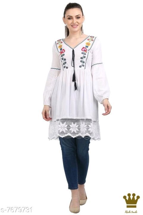 Post image Catalog Name:*Classy Fabulous Women Tops &amp; Tunics*
Fabric: Rayon
Sleeve Length: Variable (Product Dependent)
Pattern: Embroidered
Multipack: 1
Sizes:


Dispatch:1 Day

Easy Returns Available In Case Of Any Issue