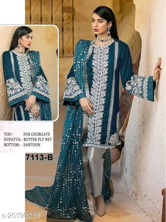 Post image Catalog Name:*Jivika Alluring Semi-Stitched Suits*
Top Fabric: Georgette
Lining Fabric: Shantoon
Bottom Fabric: Shantoon
Dupatta Fabric: Net
Pattern: Embroidered
Multipack: Single
Sizes: 
Un Stitched,Free Size
Semi Stitched (Top Bust Size: Up To 58 in, Top Length Size: 47 in, Bottom Length Size: 2.25 m, Dupatta Length Size: 2.15 m) 

Dispatch: 2-3 Days
Easy Returns Available In Case Of Any Issue
*Proof of Safe Delivery! Click to know on Safety Standards of Delivery Partners- https://ltl.sh/y_nZrAV3