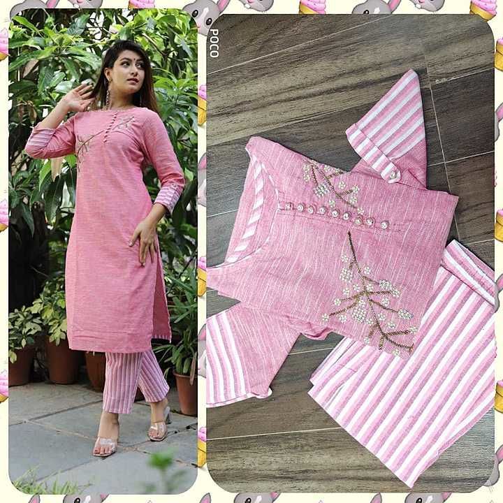 Post image *Beautiful Kurti &amp; Pant With heavy Twilight Work With Stripe hands*

*Fabric- South Cootton 👍👍*

*Size-38-40-42-44*


*Price- 850 free ship by dtdc courier service*