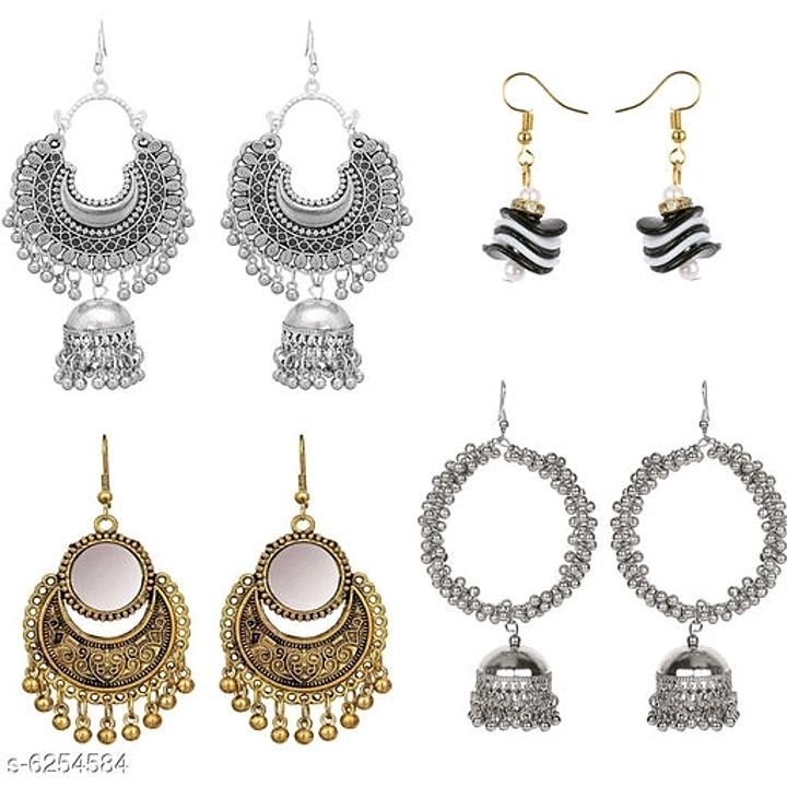 Post image Catalog Name:*Elite Fancy Alloy Women's Earrings Combo*
Base Metal: Alloy
Plating: Oxidised Silver
Stone Type: Artificial Stones &amp; Beads
Sizing: Adjustable
Type: Drop Earrings
Multipack: 4

Price - 350
Shipping Free
Cash On Delivery Available