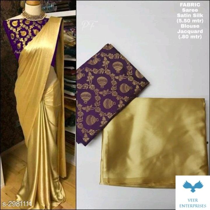 Satin golden rich saree with blouse material  uploaded by business on 4/12/2021