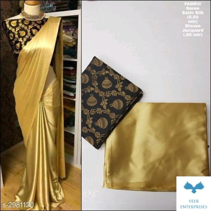 Satin golden rich saree with blouse material  uploaded by business on 4/12/2021