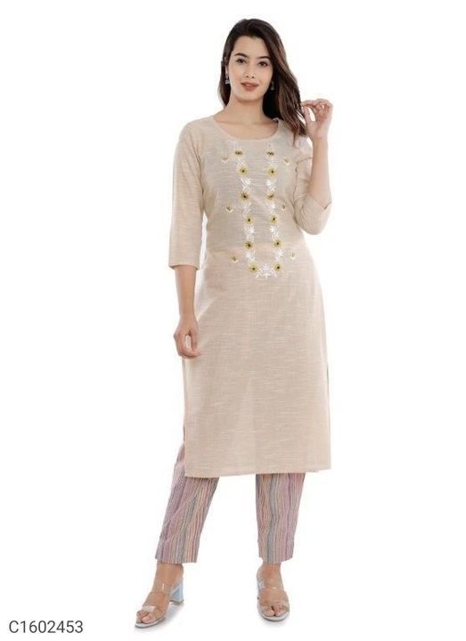 Post image 650
*Catalog Name:* Fancy Embroidered Cotton Kurti Pant Set
⚡⚡ Quantity: Only 5 units available⚡⚡
*Details:*
Description: 1 Piece of Kurti and 1 Piece of Pant
Fabric; Kurti: Cotton, Pant: Cotton
Length; Kurti: 46 In, Pant: 38 In
Size; Kurti:  S-36, M-38, L-40, XL-42, 2XL-44,3XL-46.Pant : Size (Upto 44")
Work; Kurti: Embroidered, Pant: Stripes Printed
Designs: 5
💥 *FREE Shipping* 
💥 *FREE COD*
💥 *FREE Return &amp; 100% Refund*
🚚 *Delivery:* Within 7 days
Buy online: