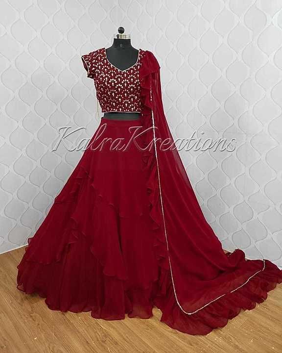 Post image *PRESENTING NEW DESIGNER LAHENGA CHOLI*

*KC-125*

*Featuring Embroidered lehenga choli in heavy georgette . Quality is worth paying👌*

*FABRIC DETAILS :-*

*LAHENGA*  : HEAVY GEORGETTE *FULLY STITCHED* WITH *3 LAYER RUFFLE* &amp; *7 MTR FLAIR*

*CHOLI*        : HEAVY GEORGETTE WITH FULLY EMBROIDERY WORK *BOTH SIDE WORK *

*DUPATTA*  : HEAVY GEORGETTE WITH RUFFLE &amp; GOLDEN LACE BORDER

# FREE SIZE FULLY STITCHED LAHENGA
# CHOLI UN STITCHED
# LEHENGA LENGTH IS 42  INCHES
# EMBROIDERY WORK

*RATE :1399/-+shipping ₹*

Rakhi's offer 50rs off on online payment + 50rs off on ordering before rakshabandhan 

After rakshabandhan offer ends rate will be 1399+shipping

*READY TO SHIP*
*BOOK FAST!!!!*