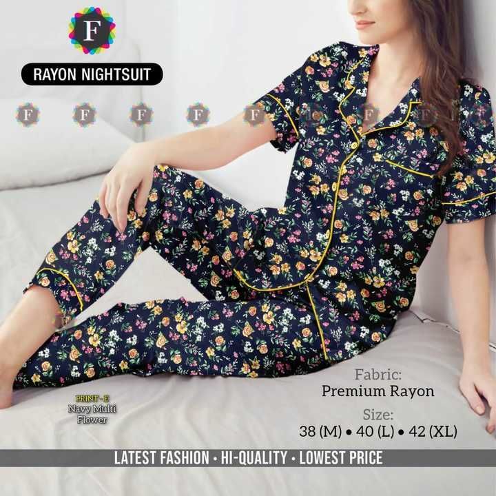 Post image _Now in More Colours_

*RAYON NIGHTSUIT*
*Fabric:* Premium Rayon
*Sizes:* 38 (M) • 40 (L) • 42 (XL)
*USP1:* Contrast Piping Design
*USP2:* Pocket Design

*YOUR PRICE*
*₹490 + Shipping*
Less on bulk quantity
GST 5% EXTRA