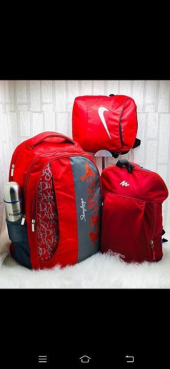 Post image _*New Arrivals*🥳_
*Mix brand*
*_Brand:TOMMY HILFIGHER+Nike+Quechua 3pc Combo_*

_Material: Imported *korean* waseball material. Inner Material Is Imported!_full name branding inside and outside

_Compartments⬇️_
_• Both side water bottle compartment too!_
_• Laptop Compartment Also._

_Size:mention in pic

_Price: *₹599/-*

_Shipping: *100* For DTDC_
                  
_Stock: Available In *5* Alluring Colors._

_Quality Proof?_
_See The Awesome **Product* Quality 


_*100%* Quality Guarantee._