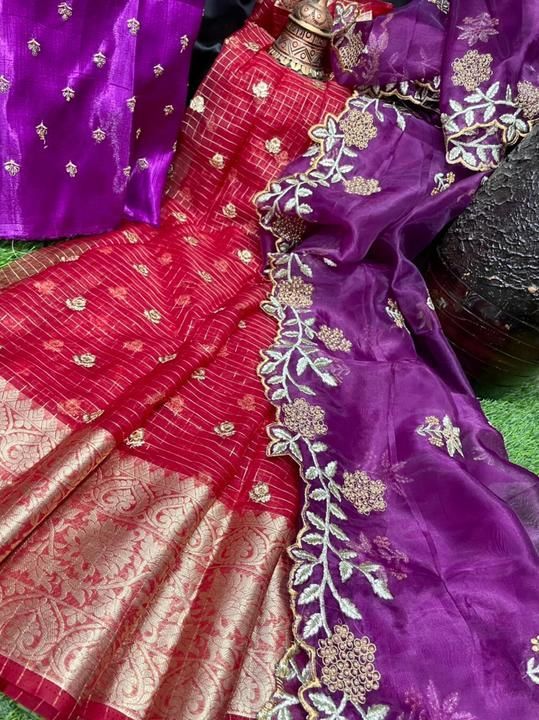 Post image Exclusive arravials in lehanga design    Weaving chex and big weaving border lehnga with fully worked - 3 mtr     
Blouse satin silk fully worked of sequencing butties .80 cm *adhy*

Dupatta - 3 mtr with cutwork and handstich diamond work 

Price - 1800/-