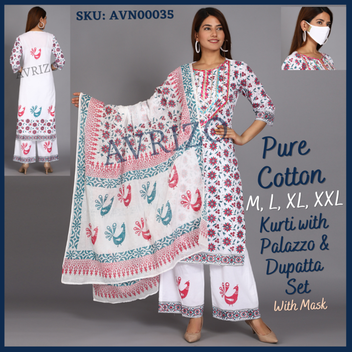 Avrizo Women Block Printed Pure Cotton Kurti Palazzo With Dupatta Set. uploaded by business on 4/18/2021